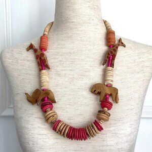 Wood Beaded Fetish Necklace Elephant Giraffe Lion